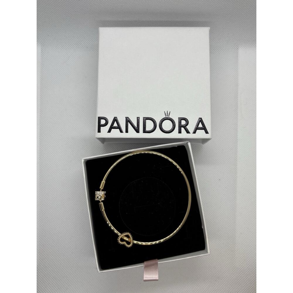 Pandora Sparkling Gold-Plated Barrel Clasp Bangle Bracelet & Open Heart Charm